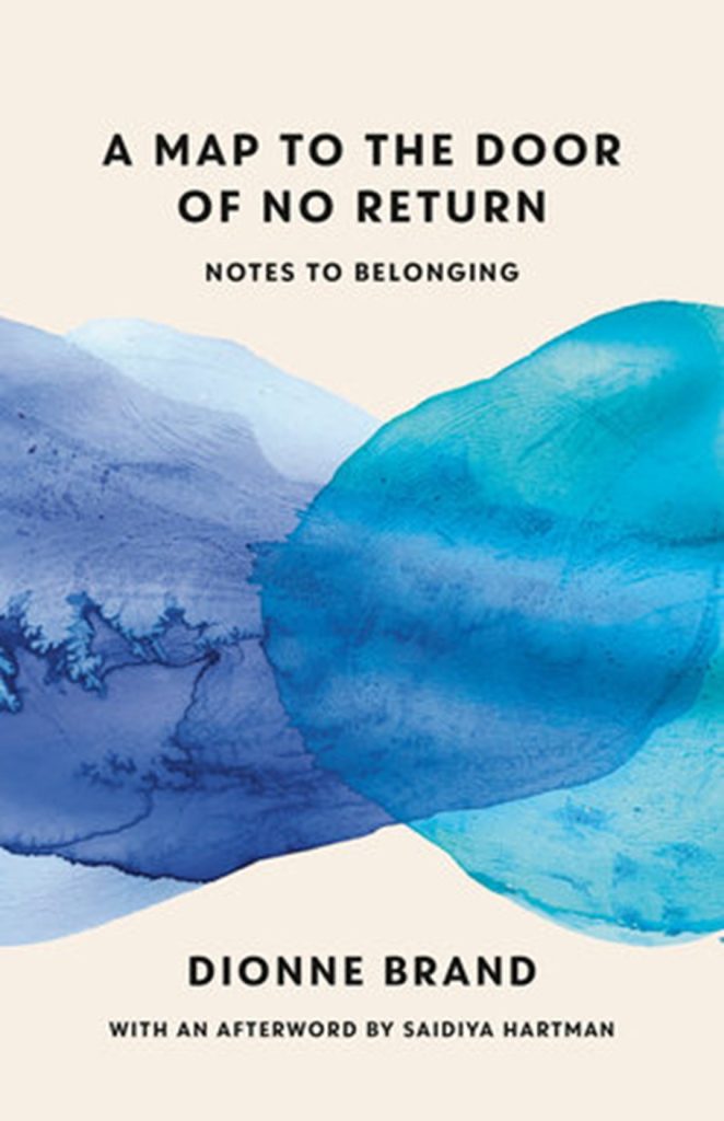 "A Map to the Door of No Return" (2023) book cover featuring two blue watercolour blobs colliding against a beige background.