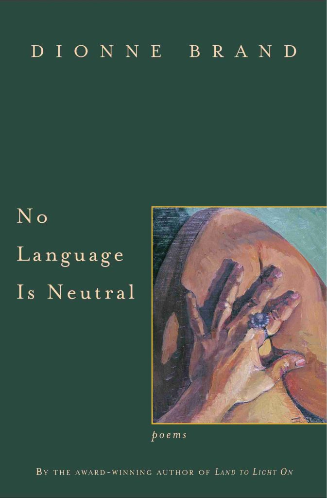 "No Language Is Neutral" (1990) collection cover featuring a small framed painting of a hand against a dark green background.