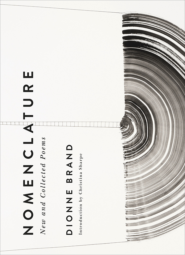 "Nomenclature" (2022) collection cover featuring a spiraled semi-circle aligned with text rotated 270 degrees.