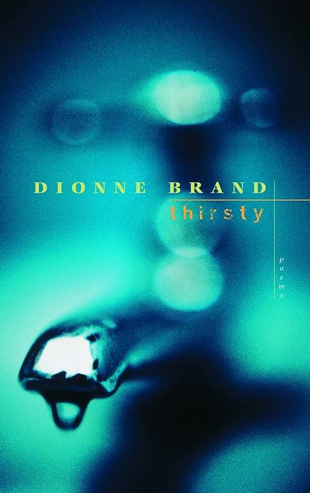 "thirsty" (2002) collection cover featuring a blurred aqua image of a faucet with a single drop about to drip.